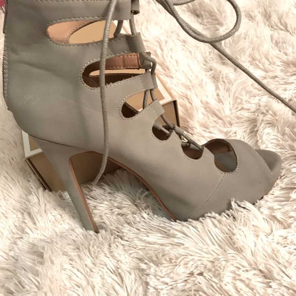 Grey, tie up stiletto heels.